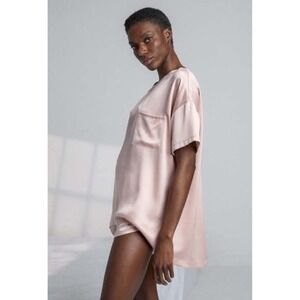 Lunya Washable 100% Silk Pajama Set Size L Oversized Pink Loungewear Tee Shorts